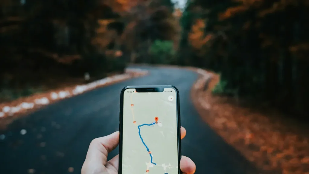 Mão a segurar telemóvel com mapa de navegação aberto numa estrada florestal