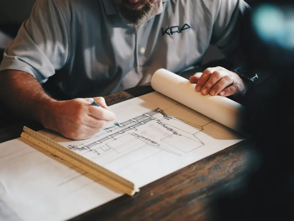 Arquiteto a desenhar um projeto com lápis e régua, gabinetes de arquitetura e engenharia em Bragança