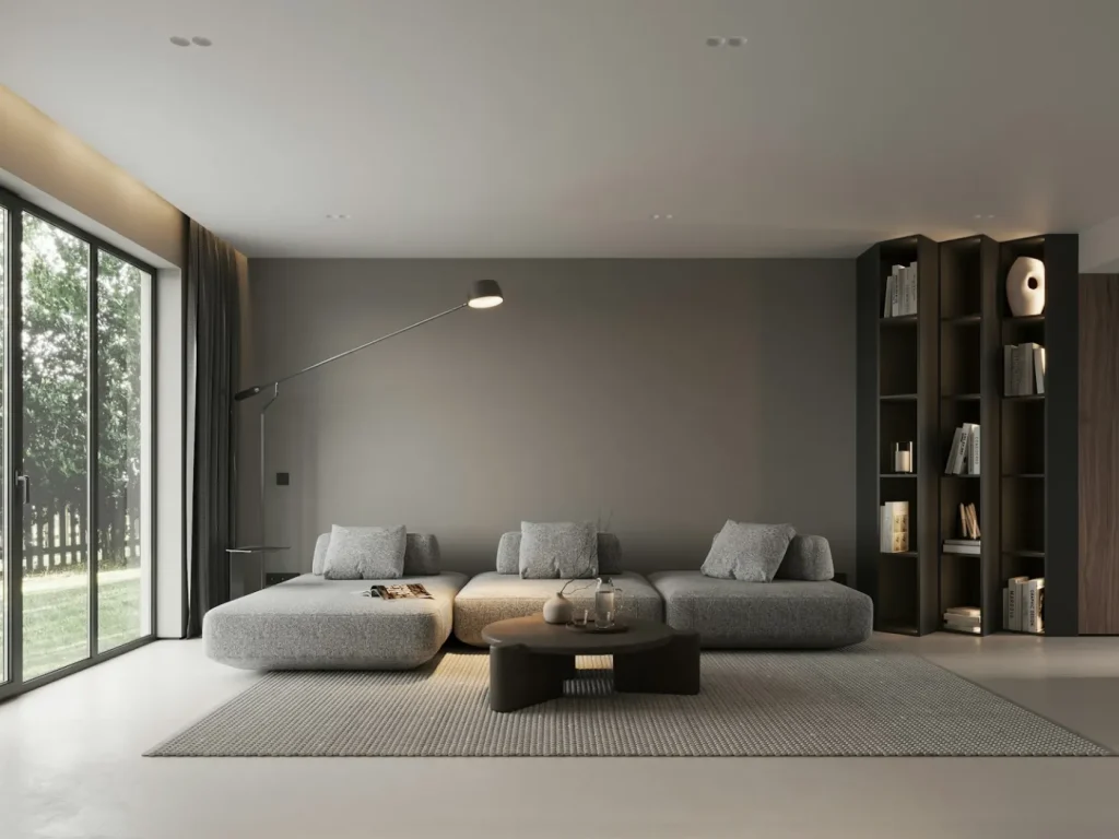 Sala de estar moderna com grande janela e luz natural, fotografia de espaços e imobiliária
