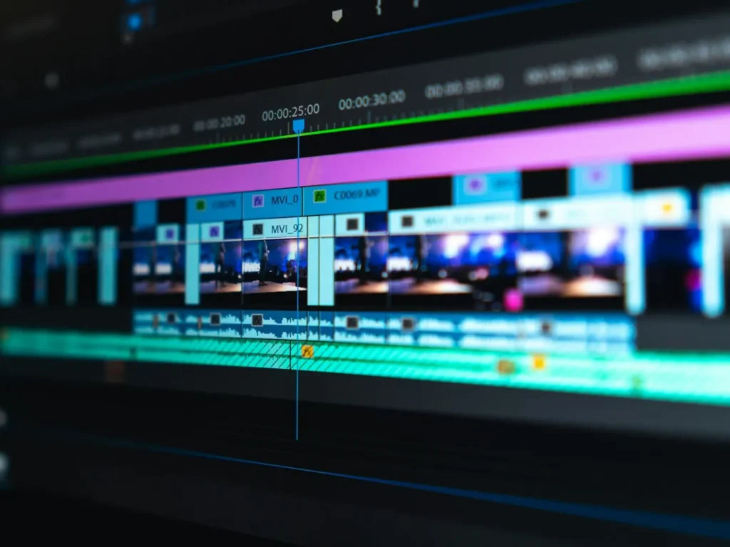 Linha de tempo de edição com clipes no ecrã, motion design e animação para empresas