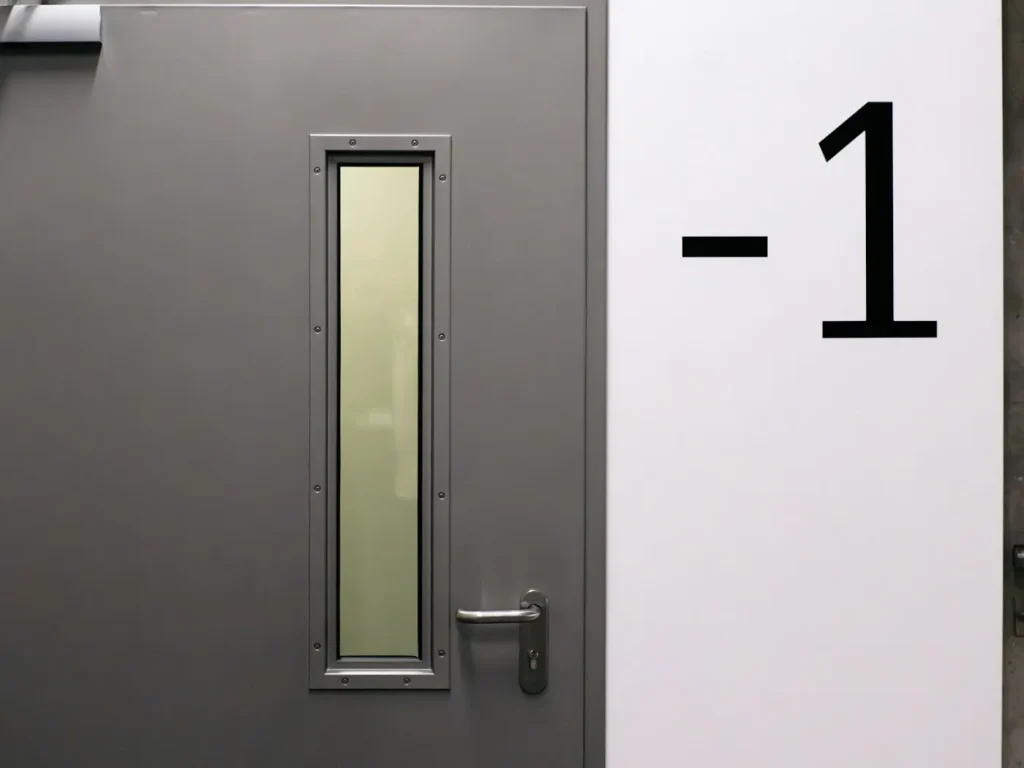 Porta com placa numerada aplicada, exemplo de placas em PVC, acrílico e dibond